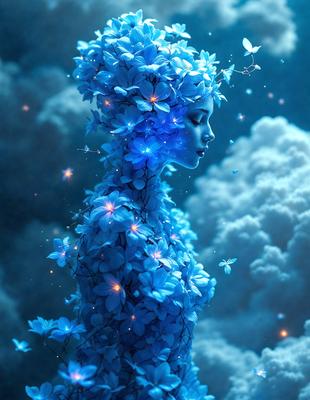 The primary subject of the image is a woman with a blue flower crown on her head. She is surrounded by a beautiful blue and white flower garden, which adds a sense of serenity and tranquility to the scene. The setting appears to be a cloudy sky, which further enhances the overall atmosphere of the image. The visual style of the image is a combination of digital art and illustration, creating a unique and captivating representation of the woman and her flower crown.